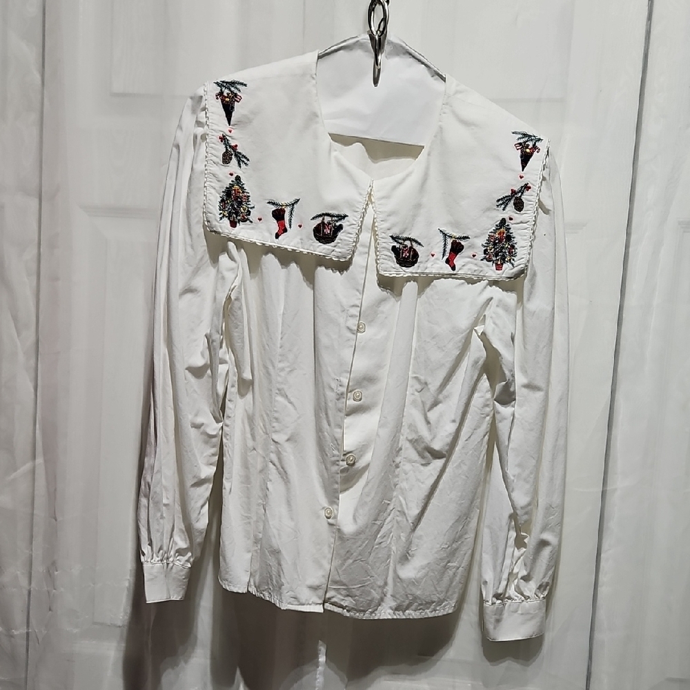 Vintage White Embellished Long Sleeve Button Down Shirt